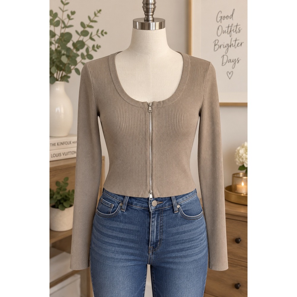 Wild Fable Taupe Ribbed Knit Full Zip Cropped Cardigan Top XS